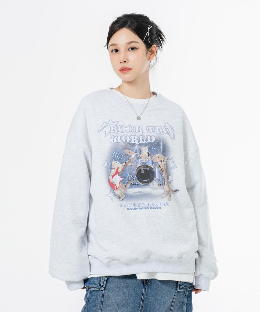 MOZMOZ Soft French Terry Rock Cat Oversized Sweatshirt White Melange