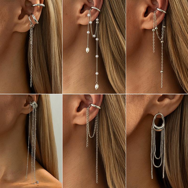 1/2Pcs Long Tassel Chain Ear Cuff Ear Clip Without Hole C Shape Earring For Women Cartilage Pearl Chain Clip Earrings Jewelry
