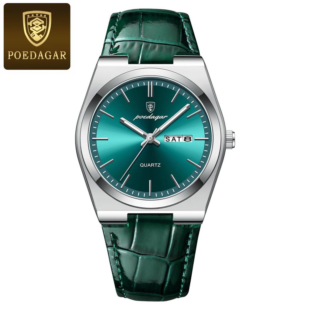 POEDAGAR Men's Ultra-Thin Dual Calendar Quartz Watch with Leather Strap - Trendy Fashion Wristwatch