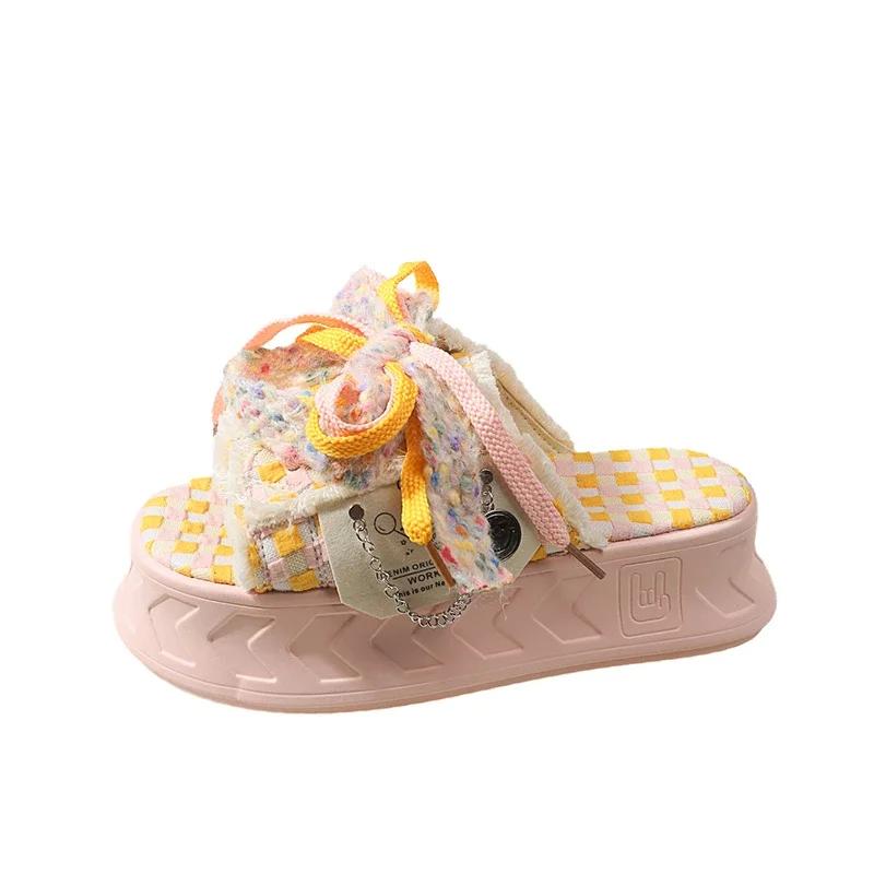 Fashion Thick Soled Canvas Half Slippers for Women's 2024 New Summer Casual Internet Red Lace Up Fashionable Sandals