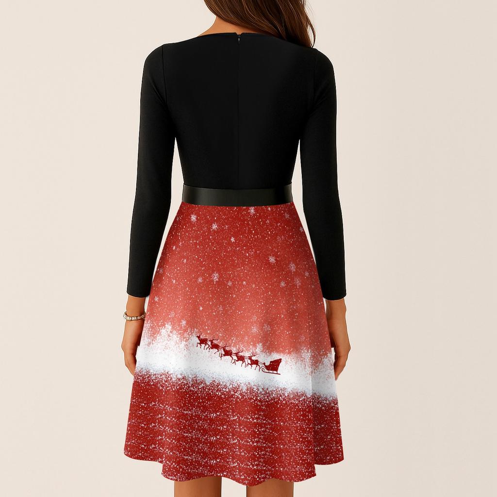 Abiti Lunghi Vintage Casual da Donna alla Moda a Maniche Lunghe con Stampa Grafica Natalizia