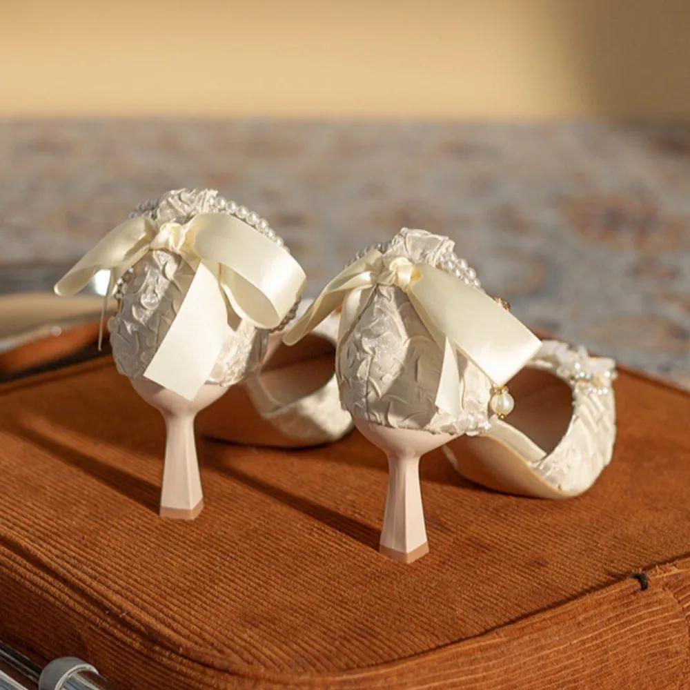 Spring and Autumn New Butterfly Bow Hollow High Heels Style Pearl Chain Pointed Princess Shoes Versatile Single Shoes for Women