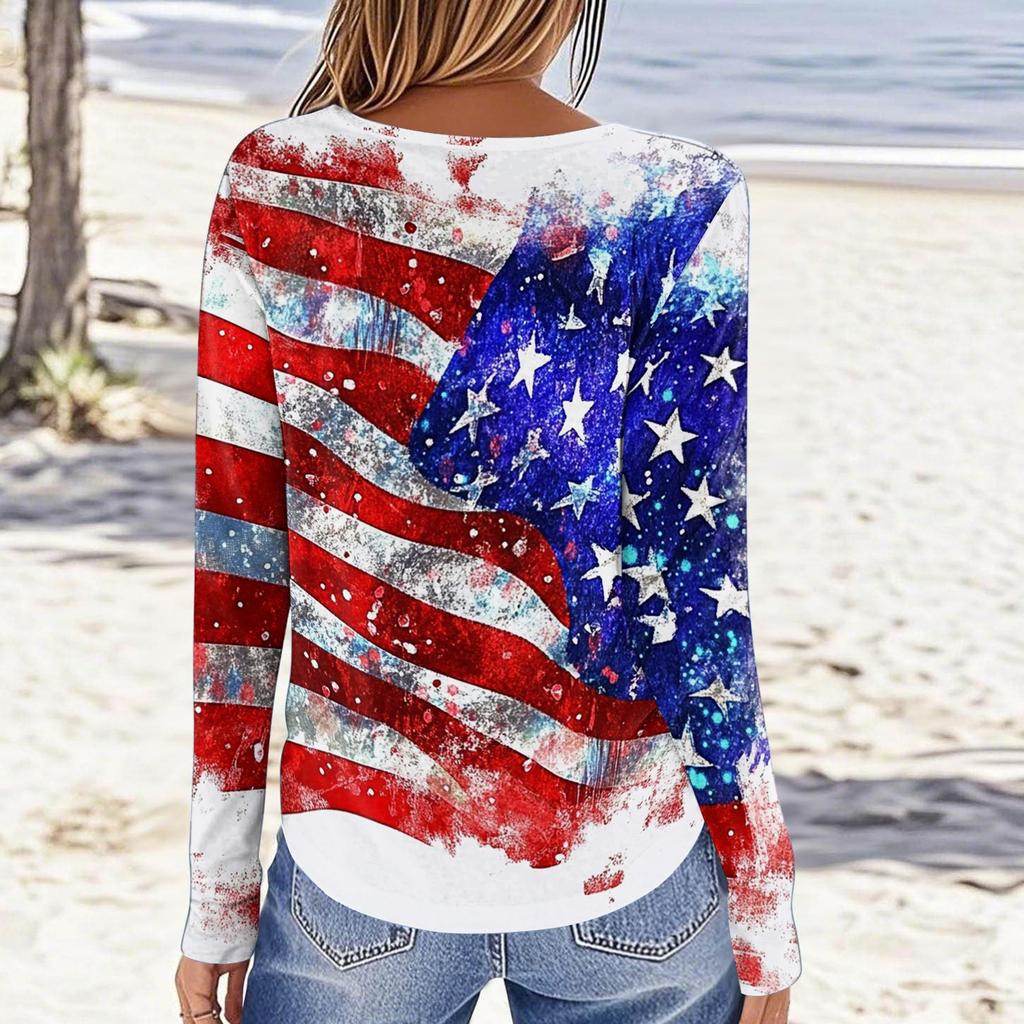 Women’s Casual Long Sleeve Crewneck Top with Independence Day Flag and Floral Print Loose Fit Comfortable Pullover Shirt
