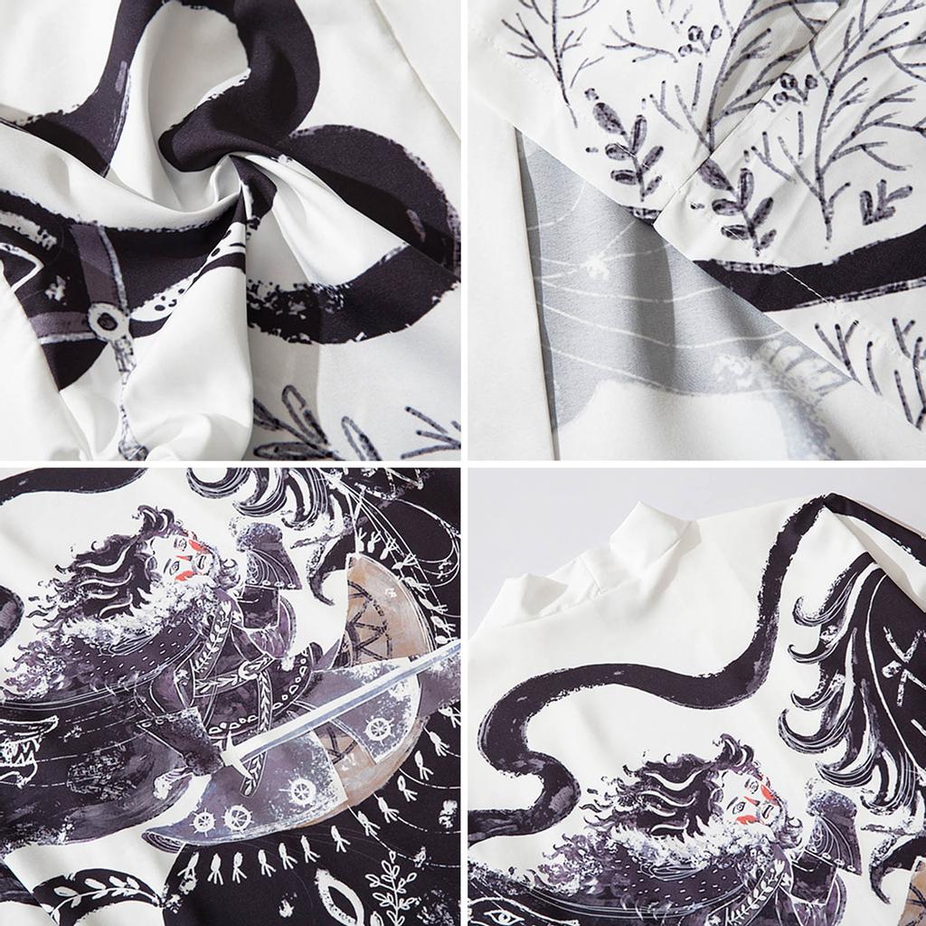 Men's Casual Loose Open Front 3/4 Sleeve Japanese Print Cover Up Cardigan