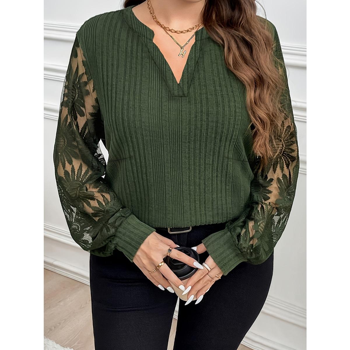 Plus Size Women s New Soft Ribbed Stitched Sheer Embroidered Sunflower Shirt, Thanksgiving Outfit 0XL армия зеленый