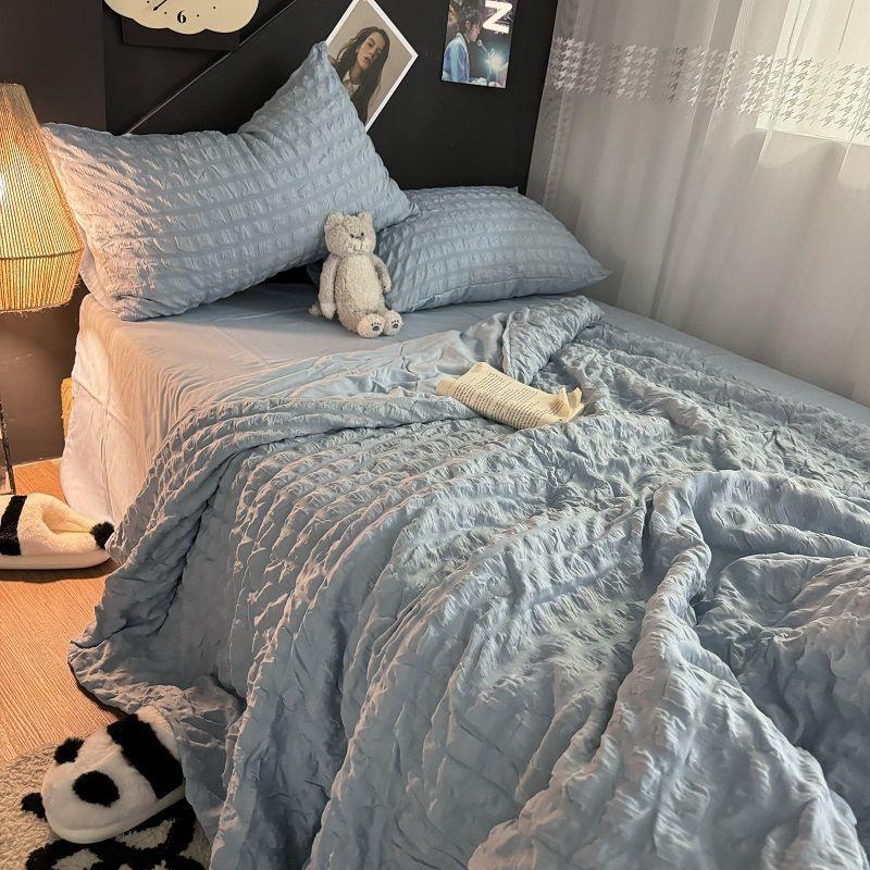 

4 предмета Постельные комплекты для девочек в стиле INS Однотонные Сеерсакер Рюши Кружево Каваи Мягкая простыня Женский пододеяльник Наволочки Чехол для одеяла 150x200cm небесно-голубой