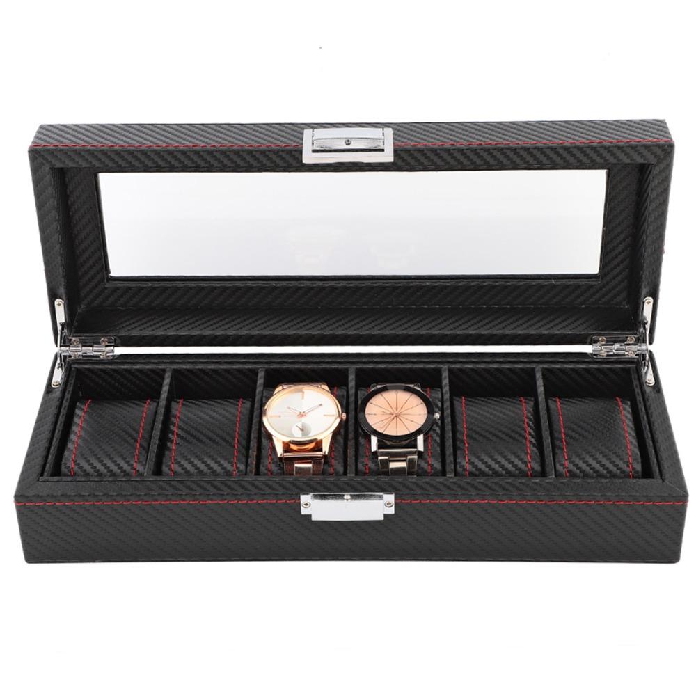 Sturdy Carbon Fiber Watch Box Transparent Window 6 Slots Watch Case Red Line Luxury Watch Display Watch Display