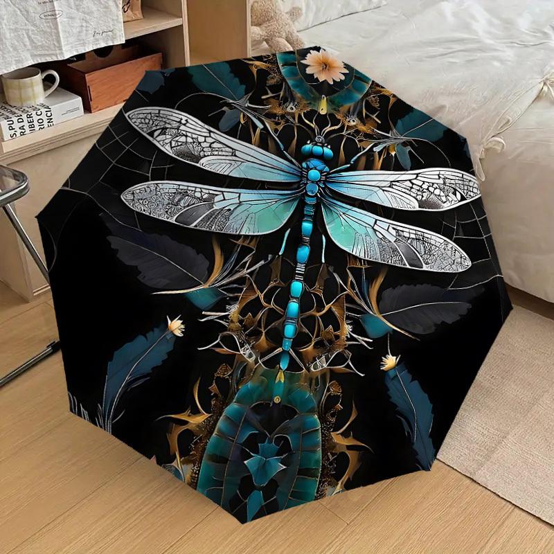1 szt. Parasol z motywem ważki, automatycznie otwierany/zamykany, wiatroodporny, 8-żebrowy, wytrzymały czasza, trwałe żebra, modny design, akcesorium zewnętrzne, zabawny nadruk