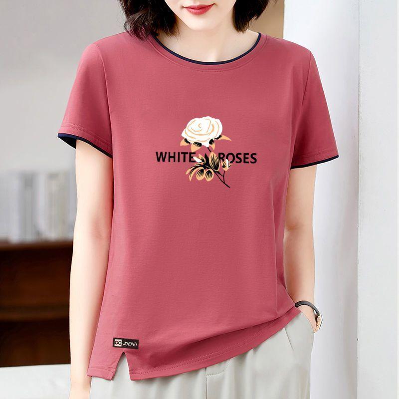 

Women s Short Sleeve Round Neck Summer Vacation Pullover Floral Letter Printing Casual Elegant Office Lady Vintage T-shirt Tops M