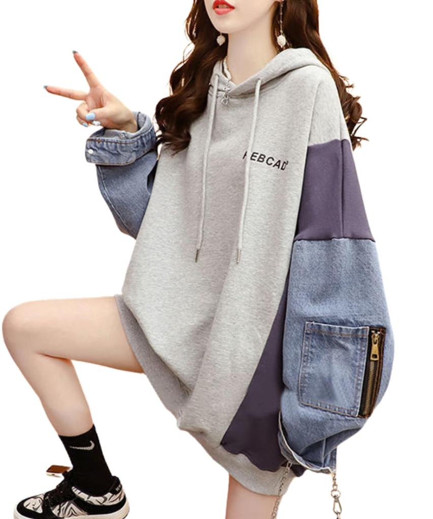 Dep Club Oversized Denim Hoodie with Mixed Materials and Loose Long Perfect for and Winter Women's Fit, Lightweight, Sleeves, Hooded,