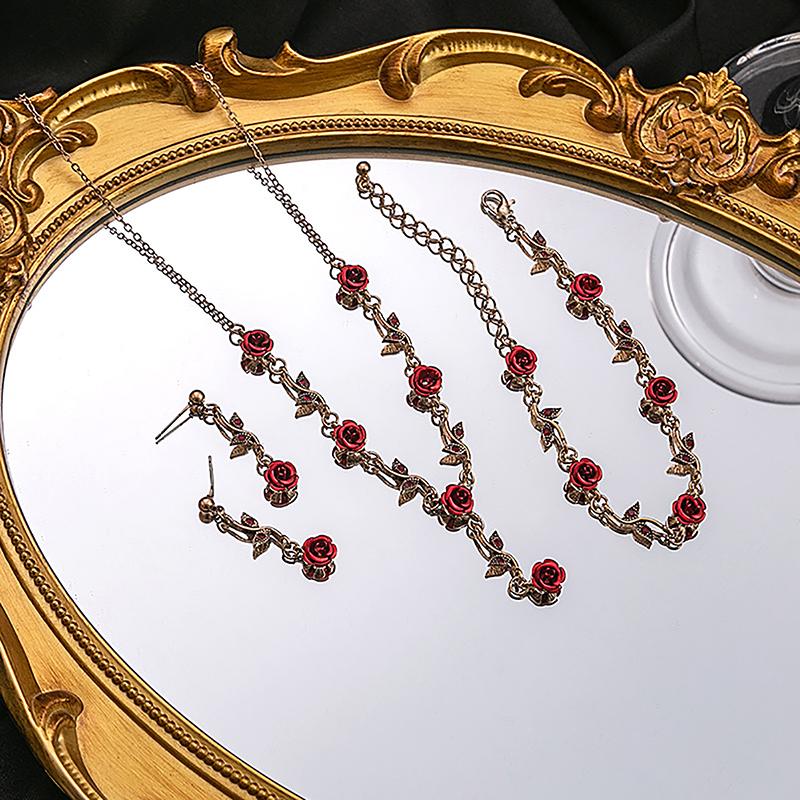 1Pc/Pair/Set Vintage French Rose Flower Necklace Bracelet Earrings Set For Women  Romantic Engagement Jewelry Accessories