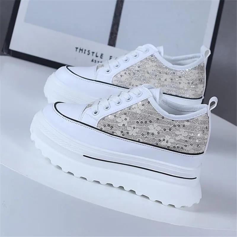 Fashion 2025 Women's Sneakers Spring Sequined Casual Shoes Women Platform Heels Wedges Height Increasing Vulcanized Shoes 9cm
