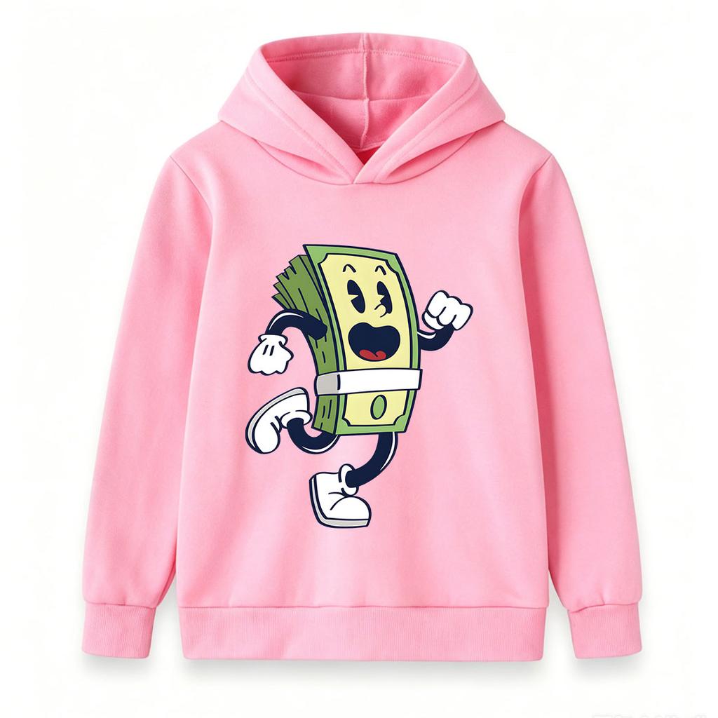 Kids Boys Girls Pullover Hoodie, Retro Cartoon Running Dollar Bill Character Print Casual Long Sleeve Hooded Sweatshirt for Daily Wear and Outdoor