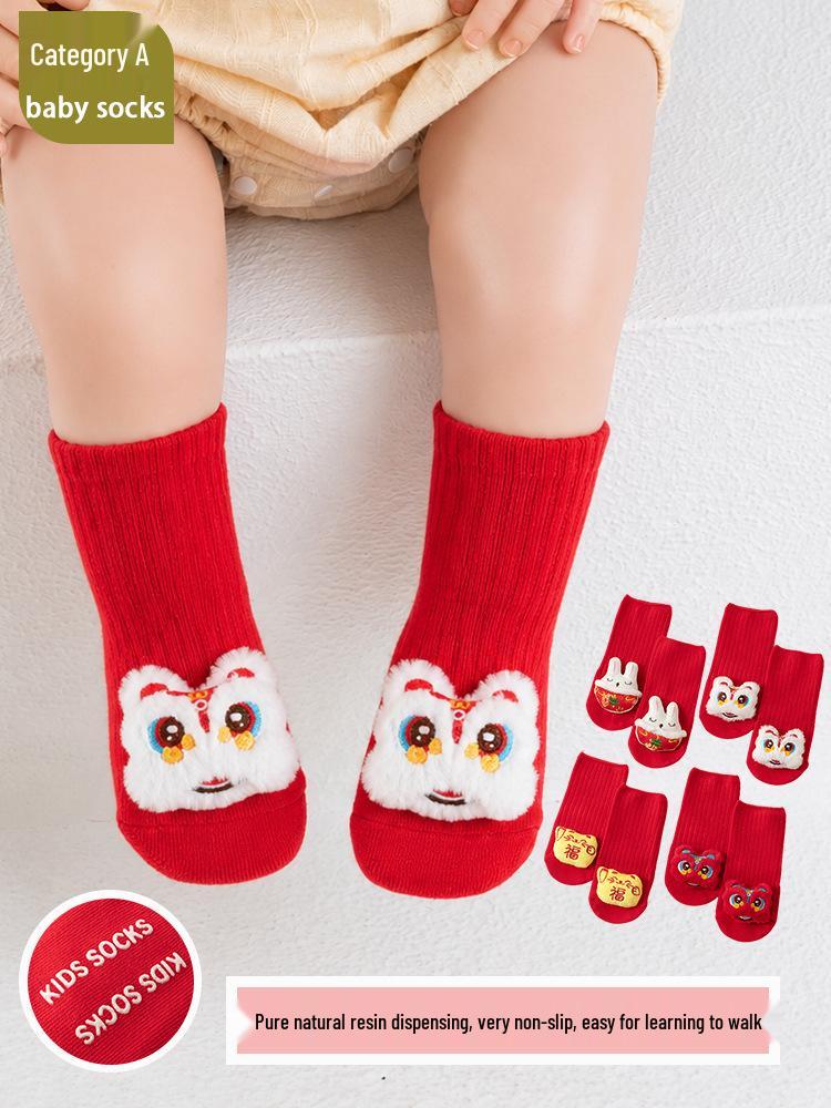 Red Combed Cotton Baby Socks: Anti-slip, for Newborn, Full Moon, 100 Days, and First Birthday (0-1 Year)