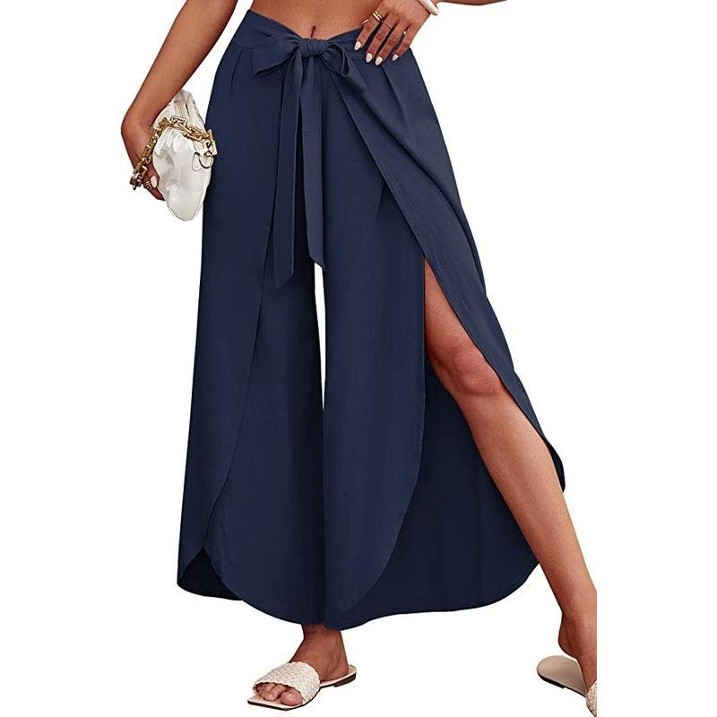 

Spring and Summer Amazon Cross-Border Women s Bohemia Split Bud Loose Pants with Belt Mid-Waist Long Culottes Pants Pants Tibetan Blue 2XL