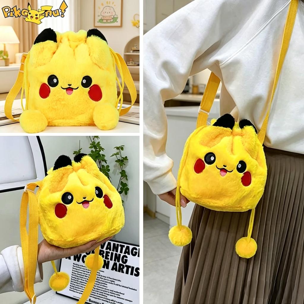 New Pikachu Drawstring Plush Bag Lovely Funny Girls Boys Student Compact Makeup Storage Travel Outdoor Cartoon Gift Bag