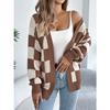 GMXIA Autumn and Winter Color-blocking Checkered Lantern Sleeve Cardigan Sweater Mid-length Coat Women's Wear