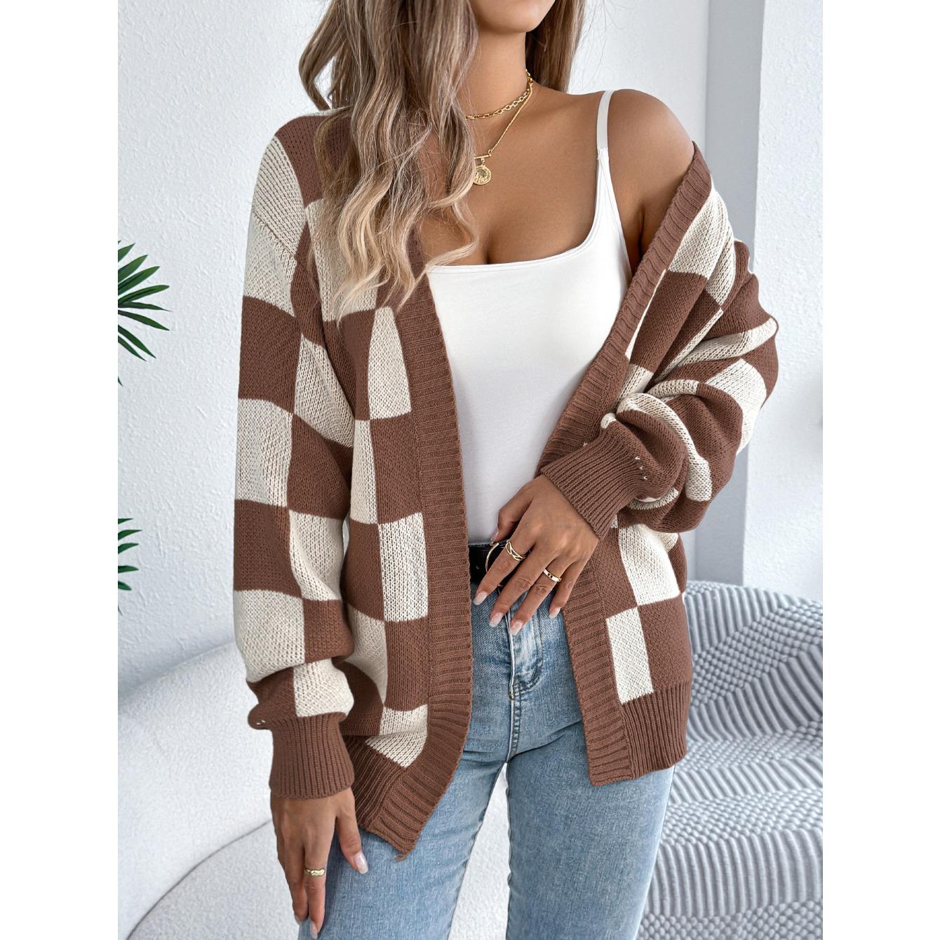 

GMXIA Autumn and Winter Color-blocking Checkered Lantern Sleeve Cardigan Sweater Mid-length Coat Women s Wear S темно-коричневого