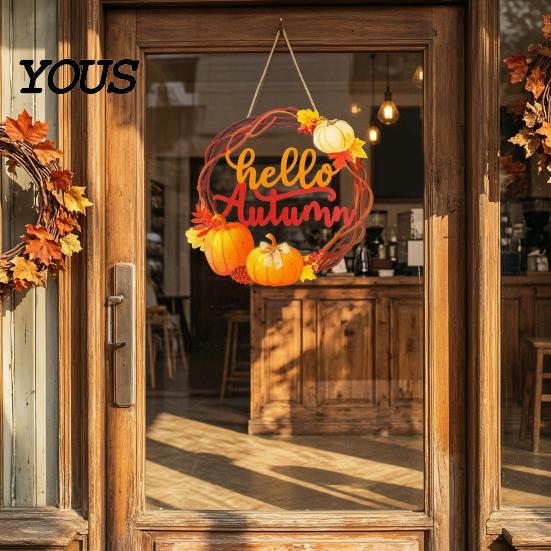Country Style Porch Sign Autumn Harvest Wooden Wreath Pendant, Front Door Hanging Ornaments with Hemp Rope, Natural Wood Pastoral Decor Pumpkins Maple