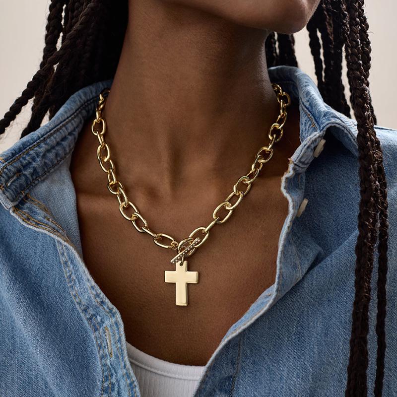 

Fashion Cross Pendant Zircon OT Buckle Necklace for Women Vintage Exquisite Gold Color Minimalist Necklace Punk Jewelry Gift New