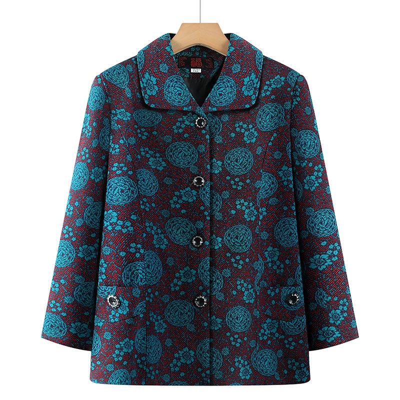 

2026 Plus Size Printed Jacket for Middle-aged and Elderly Women, Spring/Autumn, Loose & Slimming, Lapel Top 4XL (suggested for 130-145 jin) синій