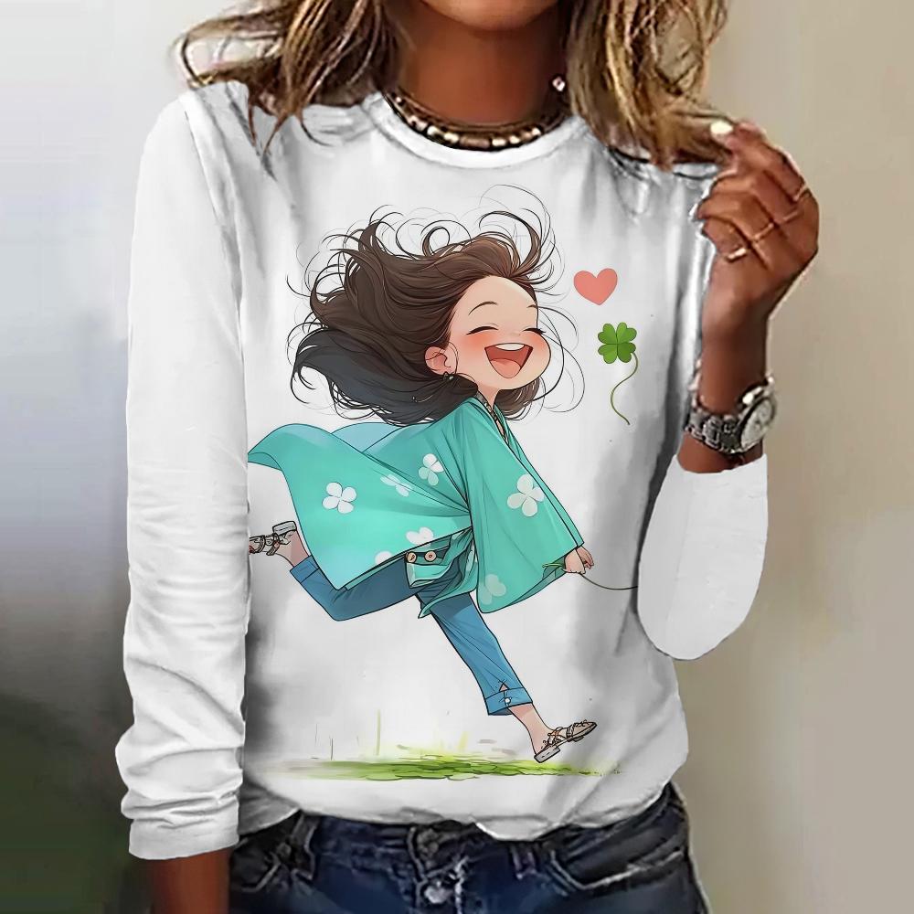 Women's T-Shirt Top Long Sleeved Pullover Fashion Little Girl Print Street Round-Neck Tee Shirt Female Everyday Loose Clothing