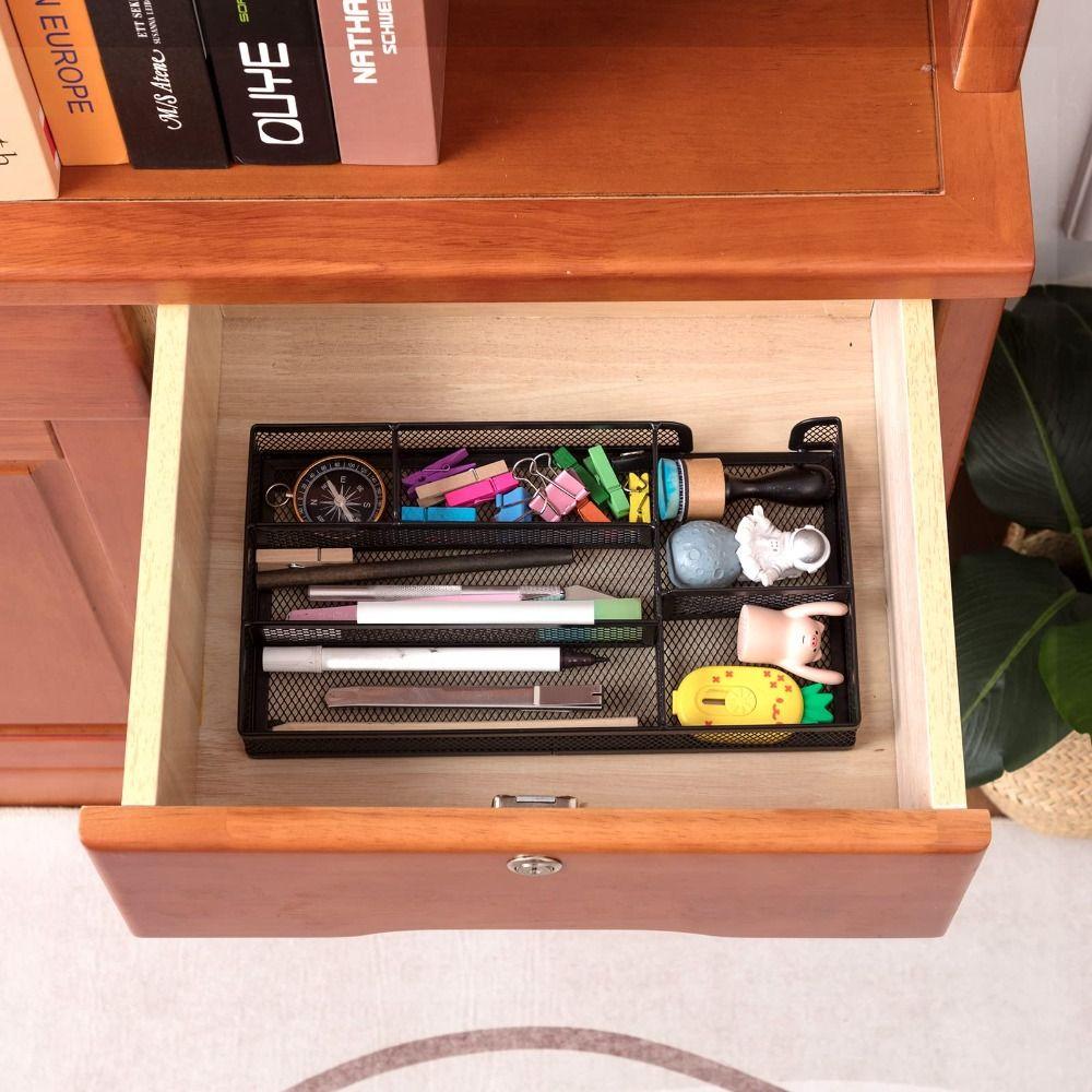 6 Compartments Desk Drawer Organizer Tray Mesh Pen Organizer Storage Box Stationery