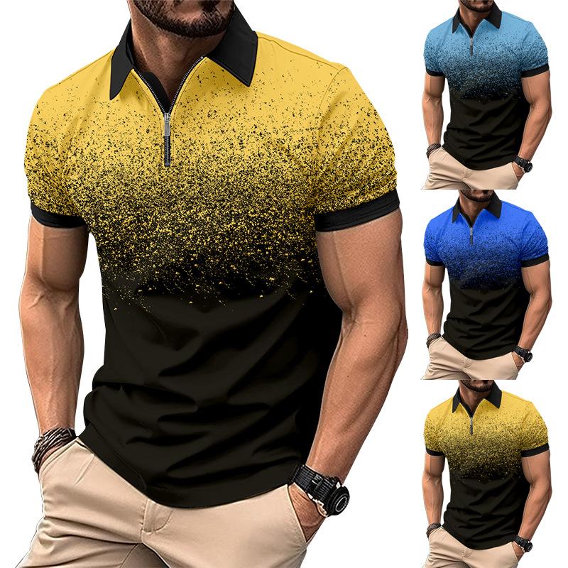 Summer Flat Cloth Polo Shirt Zip Men's Printed Crushed Dot Polo Shirt Men's Short Sleeve T-Shirt Top