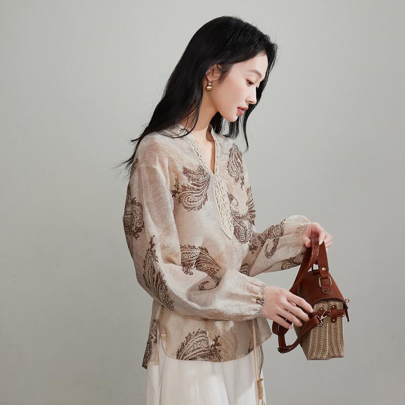 SOFSIL Women s Retro Jacquard V-Neck Long-Sleeve Shirt XL