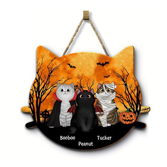Yousheng Halloween Hanging Door Sign, Cute Cat Hanging Sign, Wooden Front Door Hanger with Hemp Rope for Porch Wall Indoor Home
