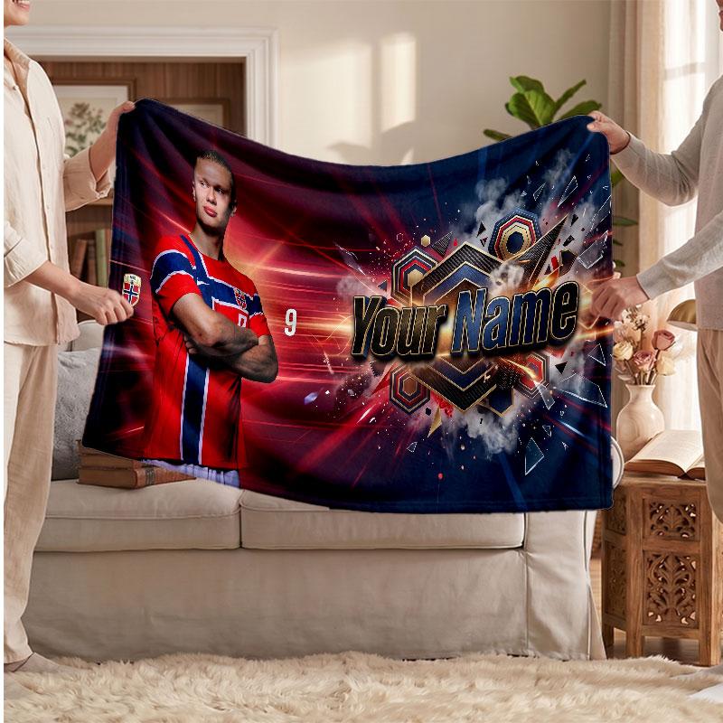 Erling Haaland Personalized Fleece Blanket With Football Logo, Custom Name Text Soft Warm Home Throw Blanket