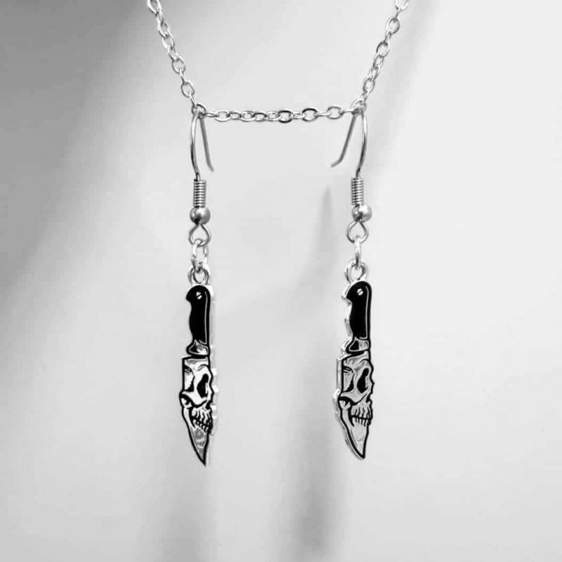 Gothic Punk Knife Halloween Dangle Earrings & Stud Necklace Set