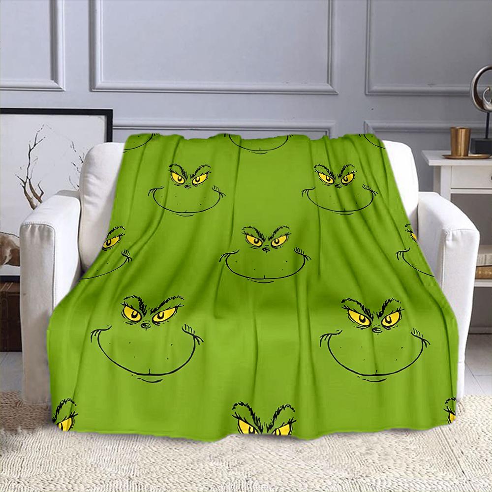 Green Grinch Face Pattern Blanket Patterned flannel blanket perfect for the bedroom living room, sofa, or a little nap
