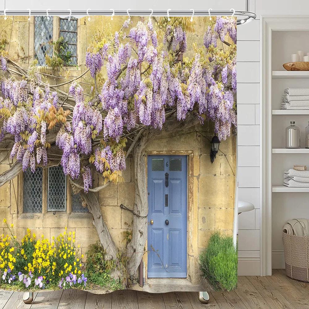 Greek Town Street View Shower Curtain Blue Wooden Doors Windows Flower Plant Wall Decor Bathroom Hanging Curtains Set With Hooks