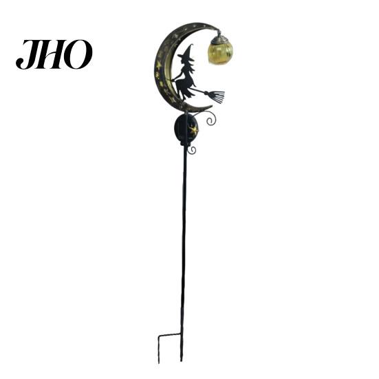 Festive Crescent Moon Yard Art Solar Halloween Metal Garden Stake Light, Auto On/Off Black Cat with Hanging Gift for Lovers Pumpkin Lantern,