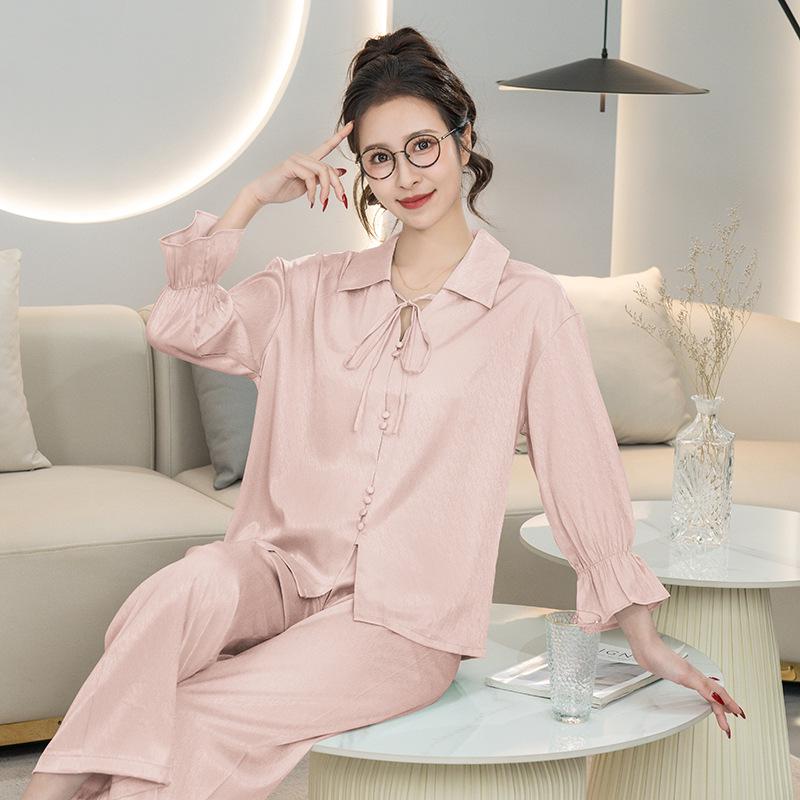 Women's 2025 Universal Lapel Ice Silk Pajamas - Four Seasons, Loose Fit, Plus Size, Solid Color, Comfortable Homewear