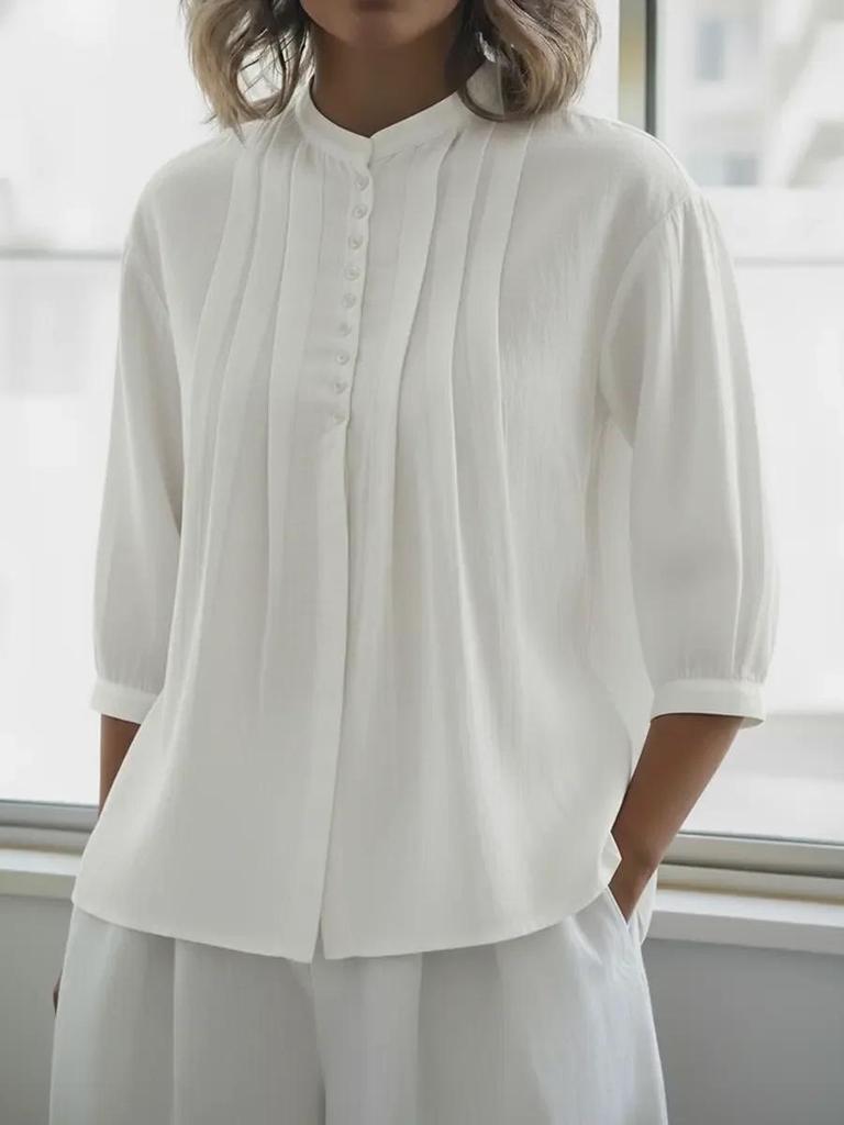 2026 Spring/Summer Women's Pure Cotton Pleated Button-Up Shirt - Solid Color, European & American Style