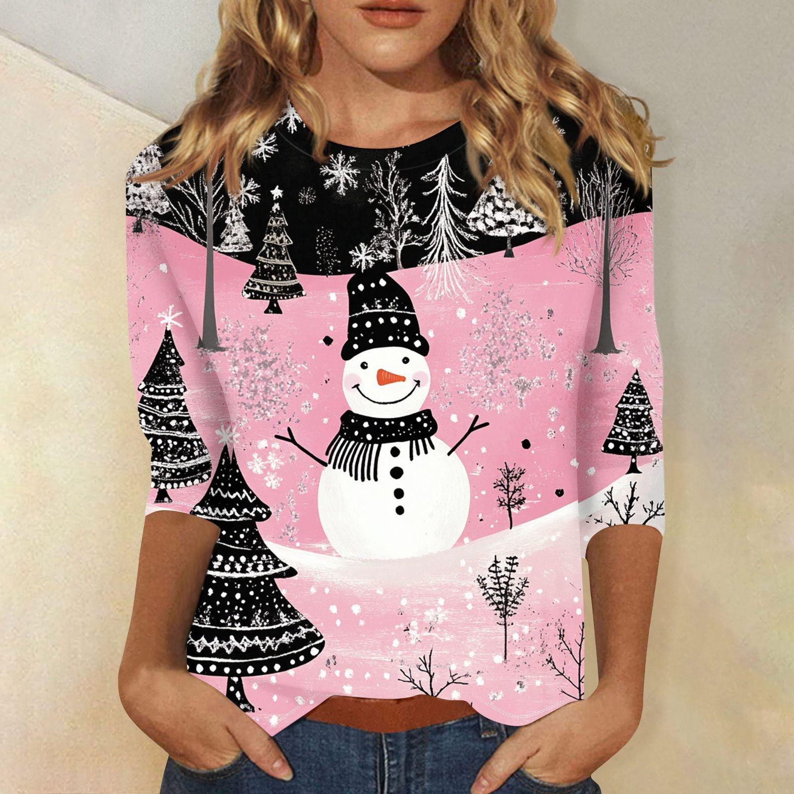 

Женская повседневная футболка с круглым вырезом и рождественским принтом снежинок, рукав три четверти, топ, пуловер XXXL