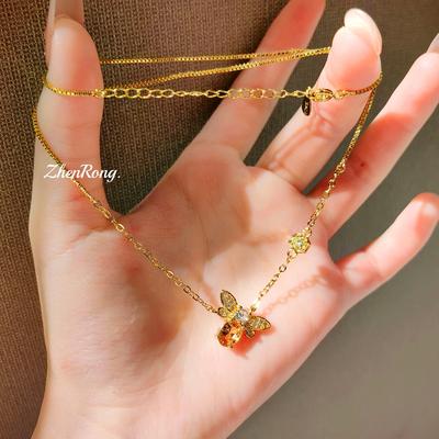 Cute Bee Pendant Necklace Jewelry Set For Women Simple Zircon Ring Yellow Crystal Stud Earrings Elegant Collarbone Chain