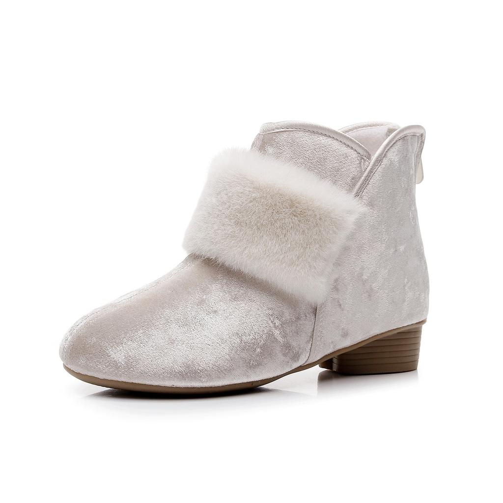 Women's Winter Embroidered Ankle Boots Non-Slip Low Block Heels Snow Booties with Faux Fur Lined Warm Comfortable Fleece Walking Boot Shoes for Women