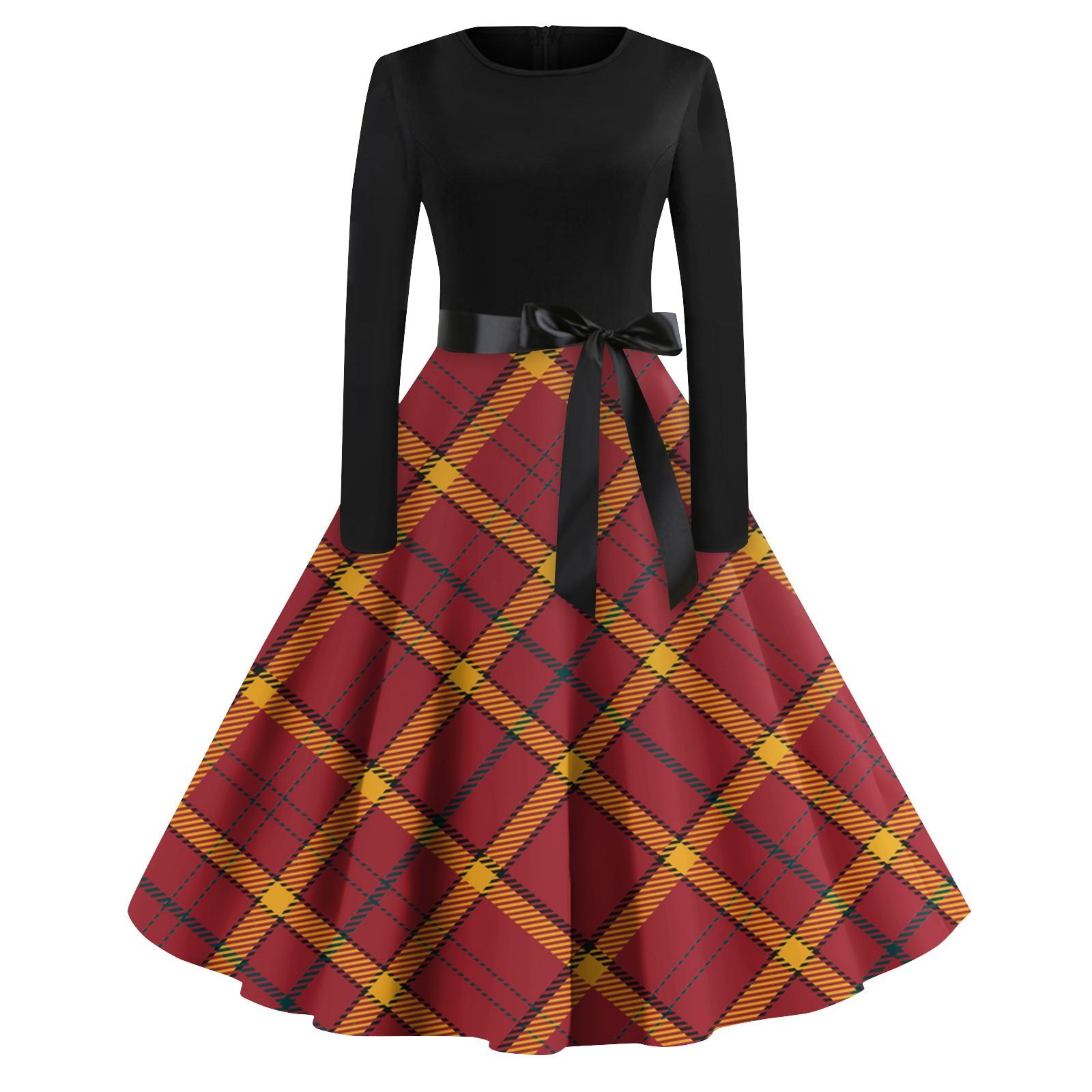 

Женские винтажные клетчатые платья с длинным рукавом и круглым вырезом больших размеров для выпускного вечера L жёлтый