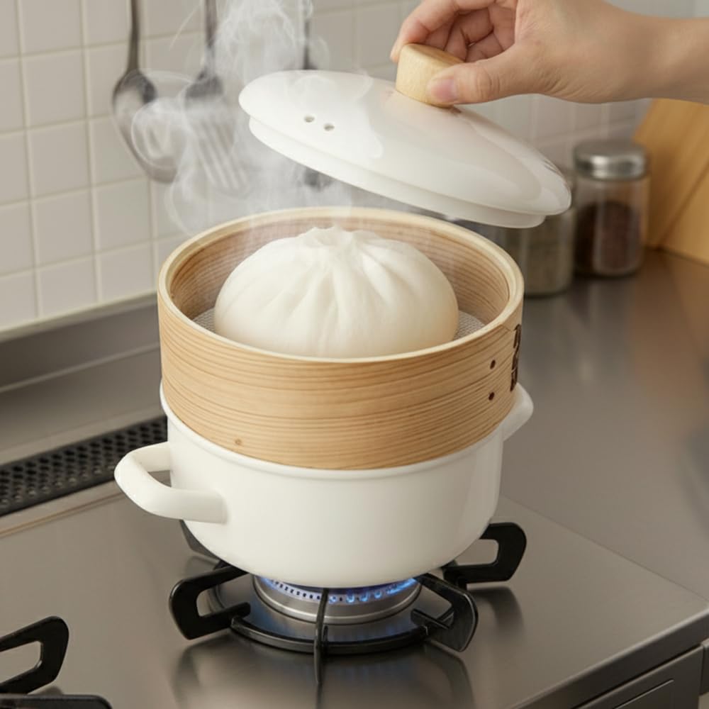 Fuji Enamel Pot, 18cm, with Steamer, White, AMZ-SER18.W