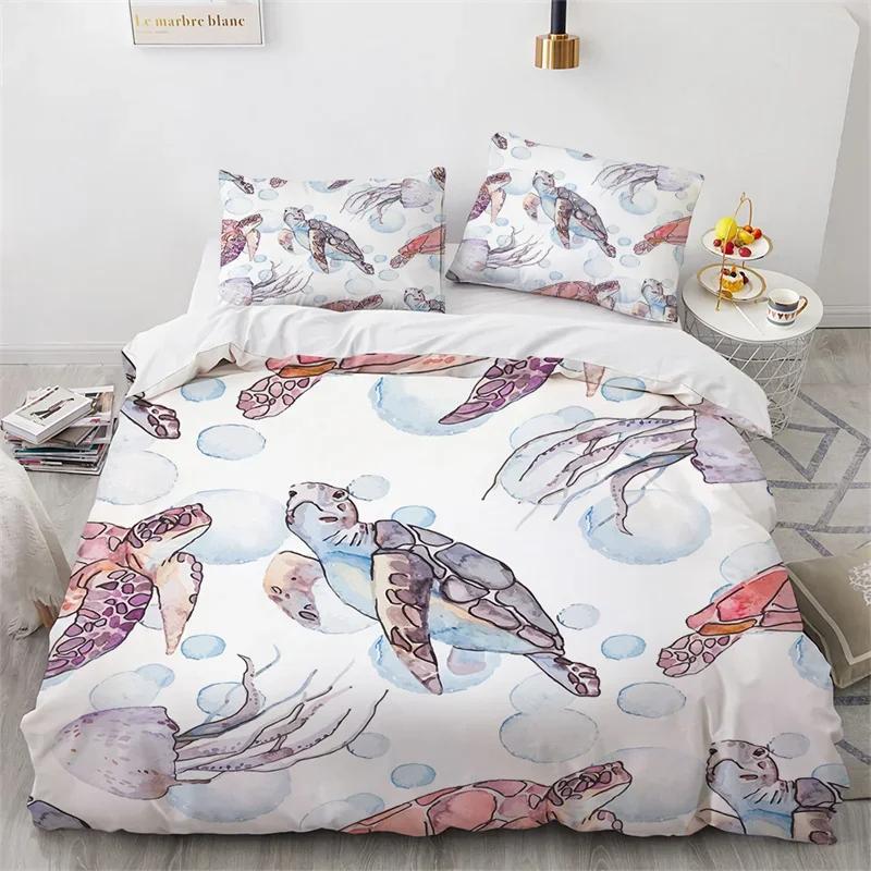 Sea Animal Turtle Duvet Cover Queen Microfiber Dolphin Octopus Conch Starfish Quilt Cover Ocean Theme Bedding Set For Boys Girls