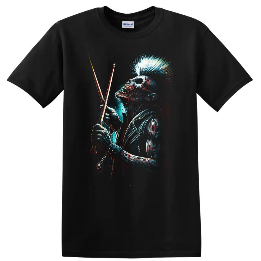Skull Drummer T Shirt Punk Rock Skeleton Musician Gothic Graphic Art Dark Tee