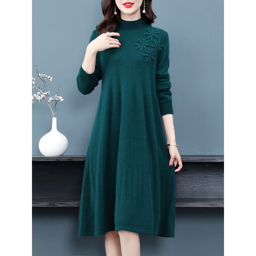 Mid-length Knitted Dress for Women Autumn and Winter Fashionable Embroidered Sweater Dress Solid Color Half Turtleneck Pullover