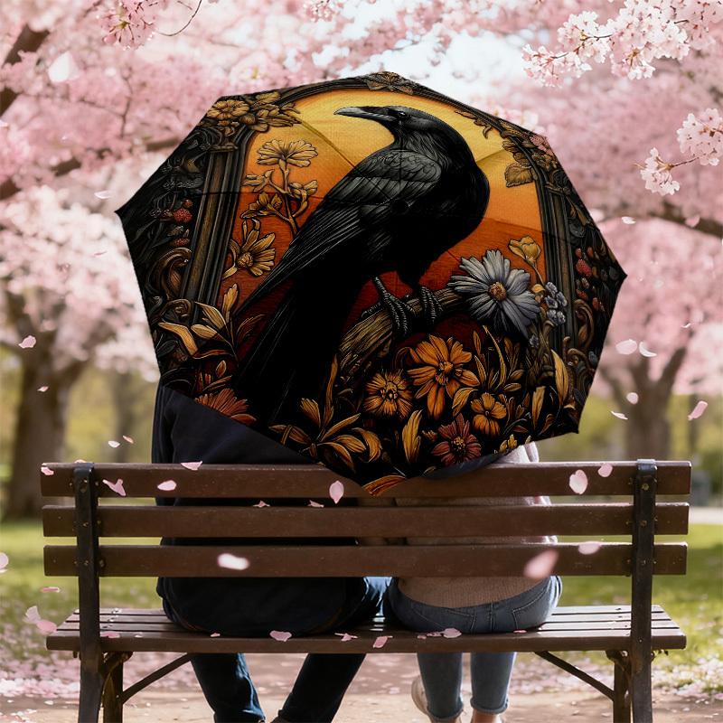 1pc Raven Flowers Automatic Folding Umbrella, Heavy Duty 8 Rib Iron Frame,  Suitable for Travel, Daily Use, Birthday, Decor Gift m0104063
