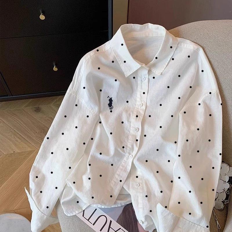Korean Style White Polka Dot Lapel Loose Long Sleeve Shirt for Women - Early Autumn College Chic
