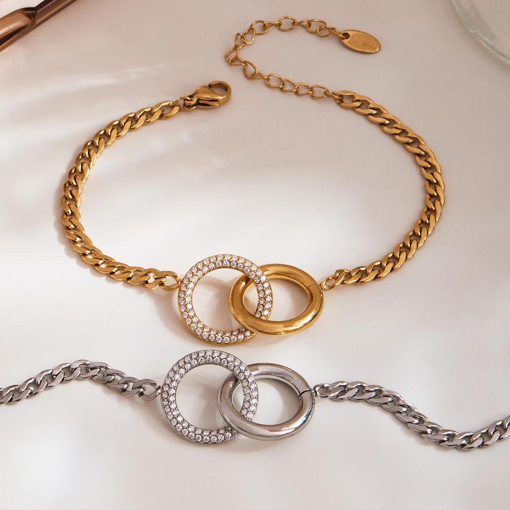 Dreamy Chic Double Ring Zirconia Rhinestone Bracelet & Necklace Set - 18K Gold Plated Stainless Steel, Non-Fading Jewelry.