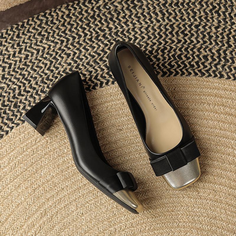 Xiaoxiangfeng retro splicing small bow color matching square head thick heel single shoes women's high heel versatile spring and autumn