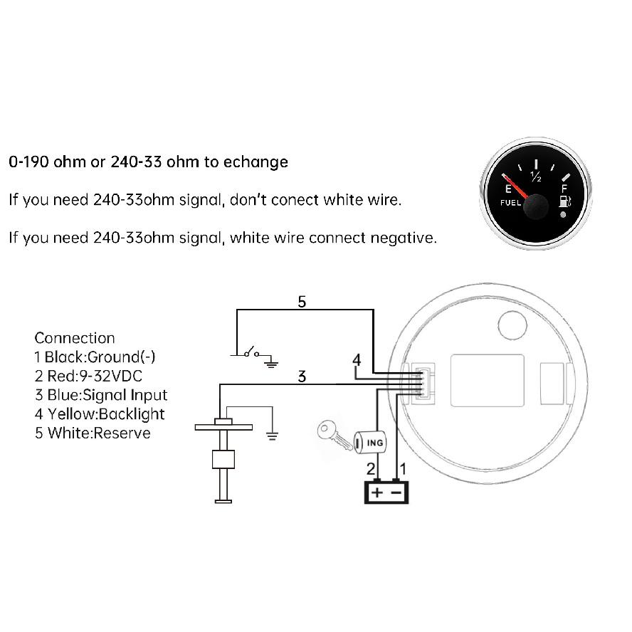 7 Color Backlight 2" 52mm Fuel Level Gauge with Alarm 0-190 OHM Oil Meter Indicator 240-33 ohm Auto Car Boat RV Yacht
